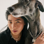 stylish woman with brown greyhound